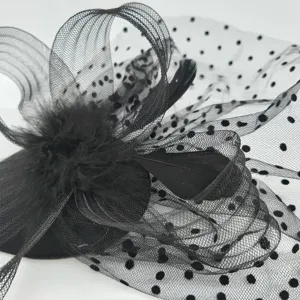 Detailed view of black vintage feather mesh fascinator with polka dot veil for 1920s party.