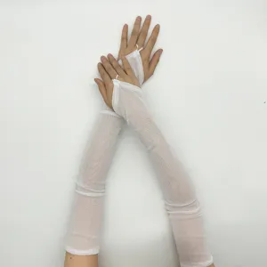 White mesh long sun protection sleeves detail shot, breathable fabric with finger loop design.