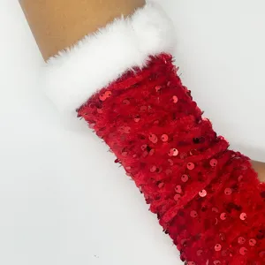Guanti senza dita di paillettes rosse scaldabraccia di Natale cosplay con pelliccia ecologica.