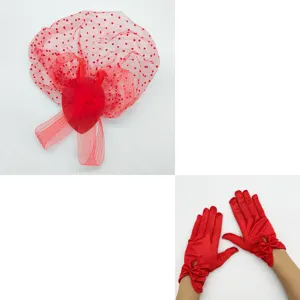 Red 1920s vintage mesh veil headpiece and satin gloves set for evening party costume accessories