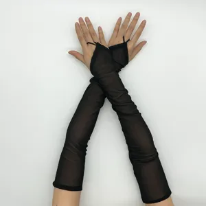 Black long sun protection gloves, sheer mesh fingerless sleeves for summer outdoor wear.