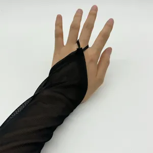 Long black mesh fingerless glove detail, sheer breathable sun protection sleeve design.