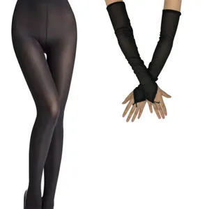 Detail view of black sheer pantyhose and long mesh gloves set for women daily wear.