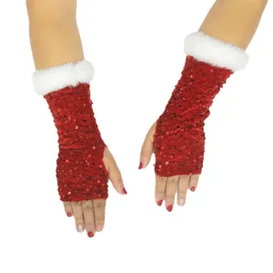 Guanti senza dita rossi con paillettes di Natale e polsini in pelliccia sintetica.