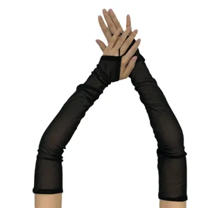 Black long mesh sunscreen gloves, fingerless ice silk lace arm sleeves for women summer.