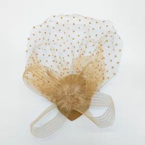 Vintage 1920s mesh fascinator hat with polka dots feathers and bow for retro parties and weddings
