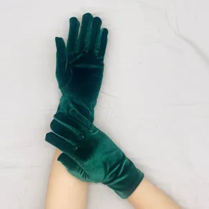 Dark green velvet gloves, elegant forearm length, soft stretch fabric for evening party wear.