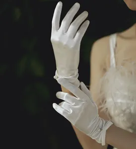 White satin bridal gloves with pearl charm short wedding dress photography accessories
