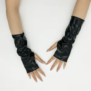 Schwarze Lackleder fingerlose Handschuhe lange Armwaermer fuer Cosplay Halloween Party.