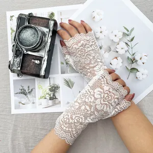 Women lace fingerless gloves summer sun protection floral mesh driving gloves white