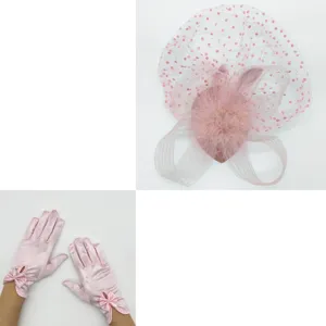 Pink 1920s vintage prom mesh veil feather fascinator hat and satin bow gloves set detail