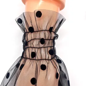 Black mesh polka dot ruffle sleeves lace party glove accessory close-up detail view