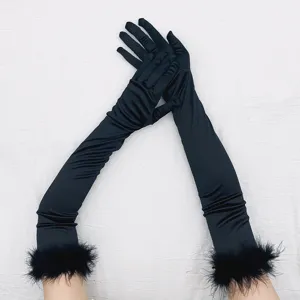Long Satin Gloves 1920s Vintage Party Cosplay Women Gloves Plush Trim Elegant Evening Opera Gloves Festive Accessories