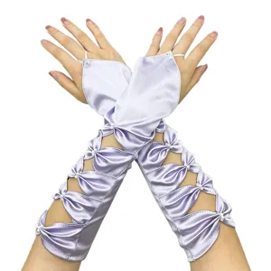 Lavender satin fingerless wedding gloves with delicate cutout bows and pearl details.