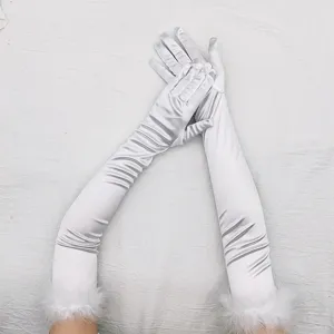 Long satin gloves detail view, featuring fluffy faux fur cuffs for retro 1920s party and cosplay.