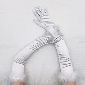 Long satin gloves women 1920s vintage party cosplay white opera gloves with faux fur trim
