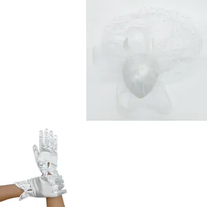 1920s vintage bridal white feather fascinator veil and satin bow gloves set detail.