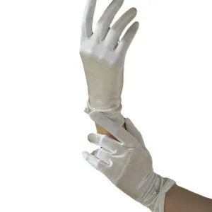 White satin bridal gloves with pearl decor, elegant wedding party dress accessories for women.