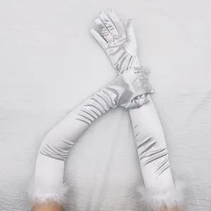 Elegant white long satin gloves with fluffy faux fur cuffs, vintage 1920s style opera gloves.