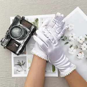 White satin gloves with pearl trim for wedding, etiquette, and formal evening wear events.