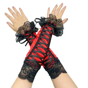 Red satin lace-up arm sleeves with black lace trim, perfect for cosplay and gothic fashion.