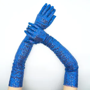 Lange blaue Paillettenhandschuhe für Damen, glitzernde elastische Opernhandschuhe für Party.