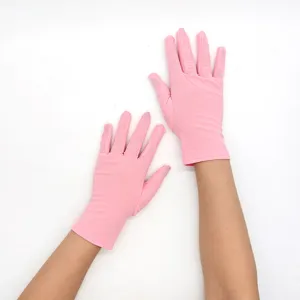 Pink short stretch milk silk gloves detail, lightweight fabric for daily sun protection wear.