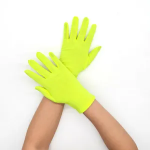 Women short milk silk elastic gloves detail view, neon yellow thin sun protection gloves.