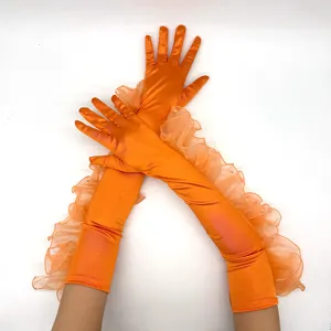 Women Long Satin Opera Gloves Vintage 1920s Flapper Ruffle Lace Pearl Gloves For Wedding Party Prom Costume Accessories