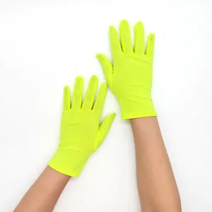 Women short milk silk stretch gloves detail view, neon yellow breathable performance gear.