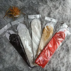 Elegant long lace fingerless gloves, satin wedding party stage costume accessories.