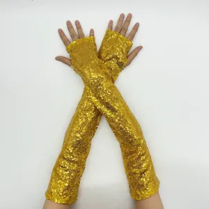 Long golden fingerless sequin gloves sparkling stage performance party cosplay accessories