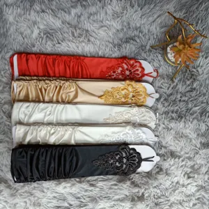 Long satin gloves with lace embroidery and finger loops for wedding stage party, 5 colors.