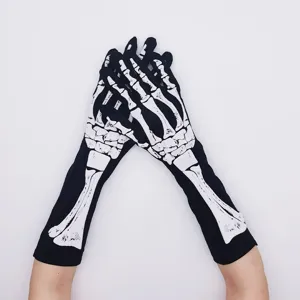 Halloween Skeleton Bone Long Gloves Γοτθικό Σκούρο Στυλ Μαύρο Ελαστικό Ύφασμα Unisex Party Cosplay Costume Accessories
