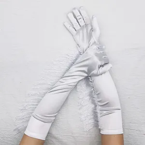 Weiße Satin Langarm Fransen Handschuhe für 1920er Partys, Latein Tanz und Abendveranstaltungen.