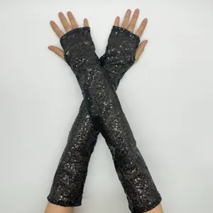 Long fingerless sequin gloves black sparkling stage performance party nightclub costume accessories