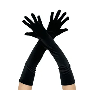 Winter long black velvet gloves for women, vintage 1920s opera evening party costume apparel.