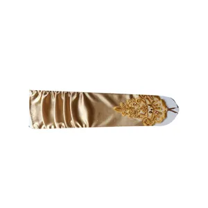 Gold satin fingerless gloves with elegant embroidery, long opera gloves for wedding and stage.