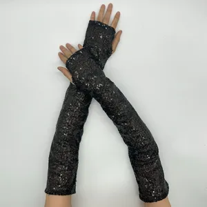 Long black sequin fingerless gloves for women, perfect for Halloween, cosplay, and party stage.