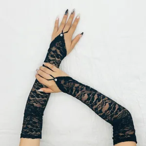 Women Long Lace Gloves Fingerless Party Costume Ball Accessories Rhinestone Decor Elegant Sun Protection Gloves