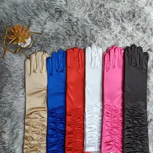 Satin pleated long gloves for women, elegant evening party wedding performance gloves.