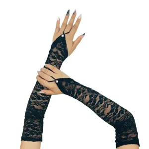 Long black lace fingerless gloves with crystal ring for women party costume accessories.