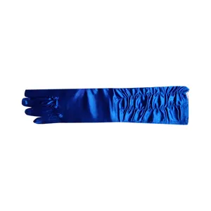 Royal blue satin long gloves with pleated wrist design, perfect for weddings, stage performances.
