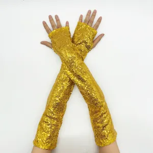 Long Fingerless Sequin Gloves Sparkly Reflective Costume Gloves For Halloween Party Stage Performance