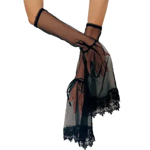Détail de gants longs en résille transparente noire avec bordure florale et nœud papillon.