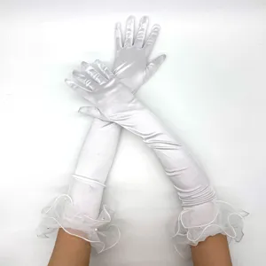 1920s women 55cm satin long gloves white pearl mesh ruffle party costume evening dress accessory