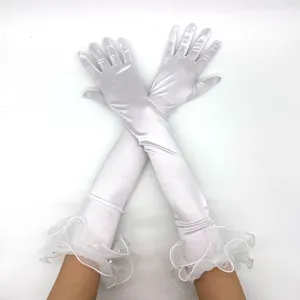1920s women's 55cm satin long gloves with ruffles and pearls, elegant party costume accessory.