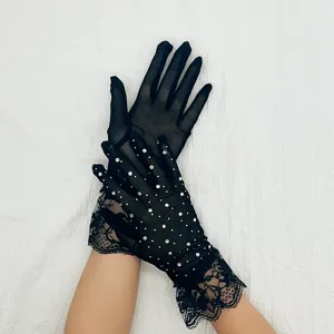 Femmes Sexy Noir Blanc Gants en Dentelle Strass Tulle Longs Courts Gants Halloween Fête Costume Accessoires