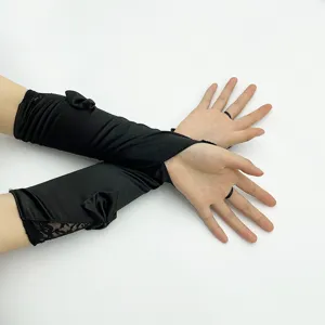 Elegantes guantes de encaje y satén negro sin dedos con lazos para accesorios de boda y fiesta.