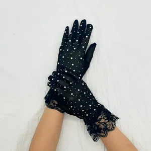 Gants en dentelle noire avec strass, gants sexy en résille d'été accessoire de fête cosplay